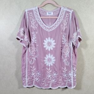 01527 Kindred mauve w/pink & white floral embroidery S/S blouse 1X